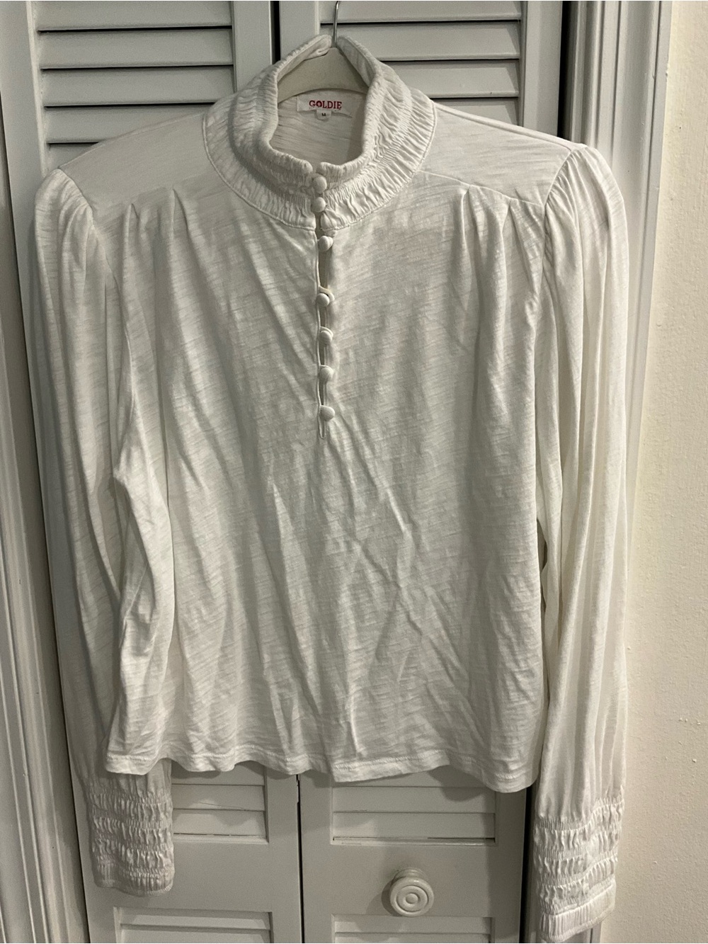 Goldie White Ruffle Mock Neck Long Sleeve Top 100% cotton SIze M